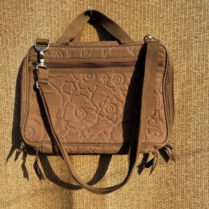 THIRTY ONE Brown Quilted Poppy Double Zip Cosmetic Bag Organizer Travel Handbag